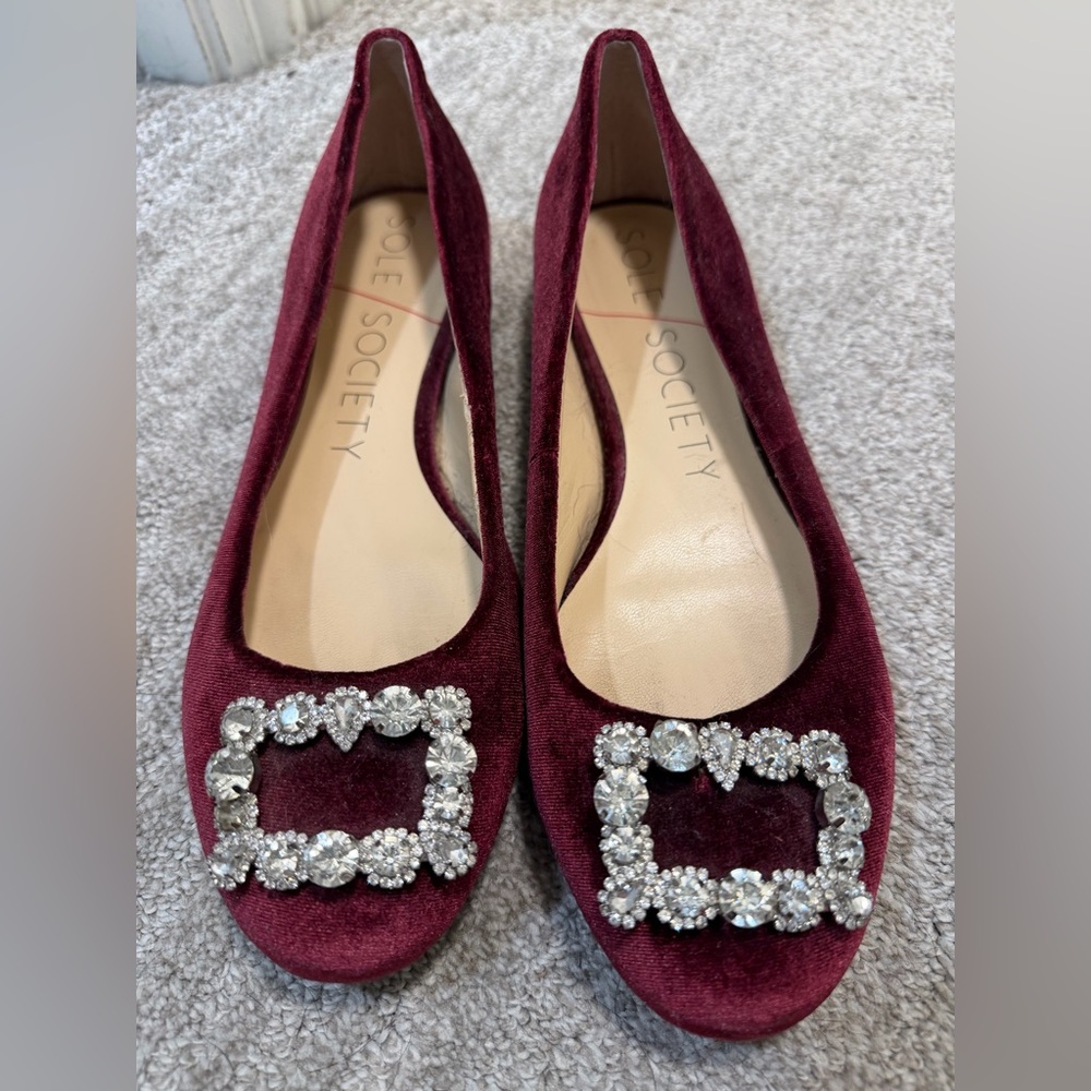 Sole Society Burgundy Velvet Crystal Buckle Ballet Flats – Size 8